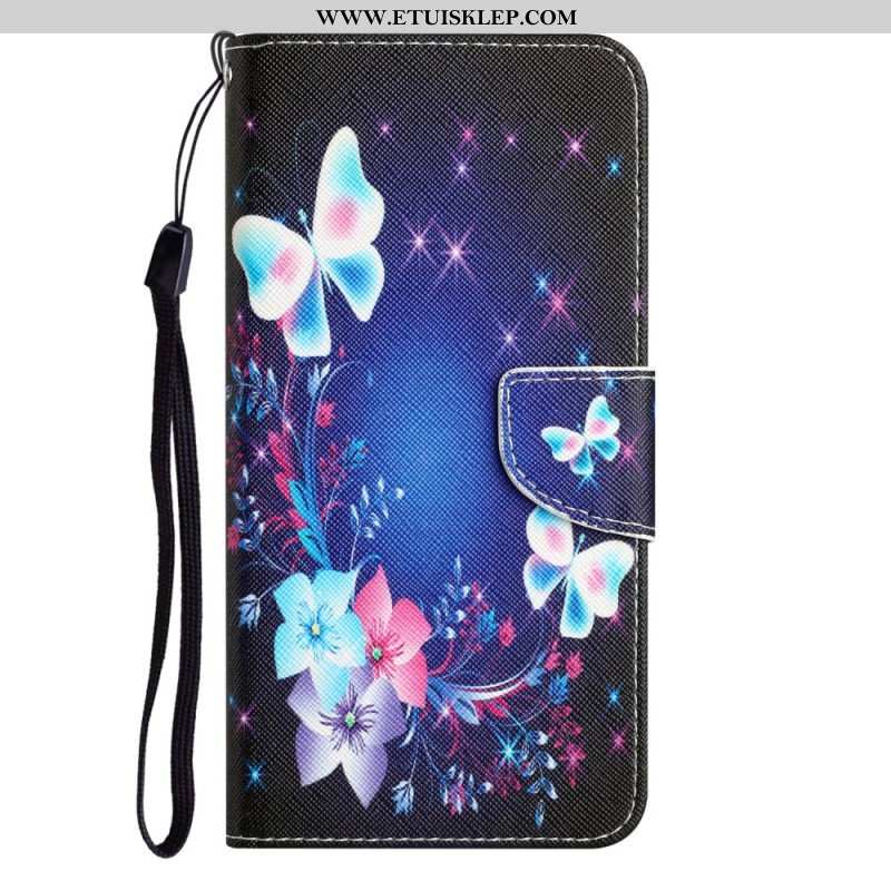 Etui Folio do iPhone 15 z Łańcuch Magiczne Motyle Ze Smyczką